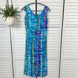 Vintage Jams World Blue Water Daisy Tank Sun Dress Crinkle Rayon USA Made Size S
